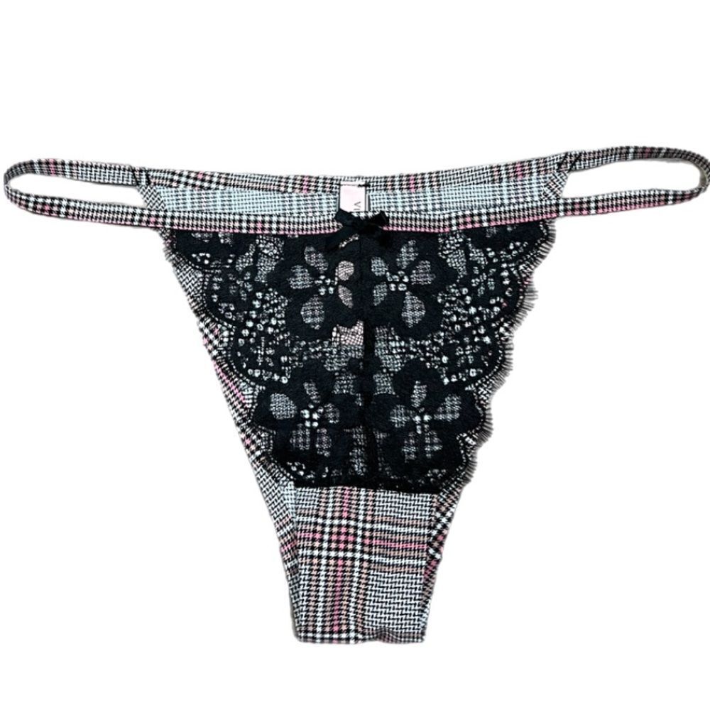 Victorias Secret Dream Angels Supersoft Satiny lace Itsy Slip panty gray plaid S
